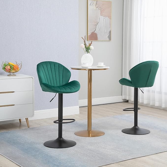 Rhomtree 24-32 Inch Swivel Bar Stools, Adjustable Counter Height Barstools, Velvet Tufted Upholstered and Footrest Barstools, Upholstered Bar Chairs for Home Bar Kitchen Island(Green Set of 6)