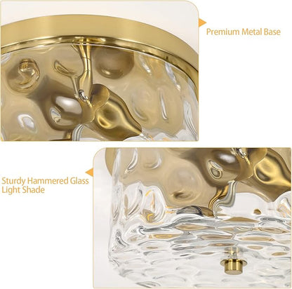 LamQee 11.8" Flush Mount Ceiling Light with Clear Hammered Glass, Brushed Gold Hallway Light Fixtures Ceiling Mount for Bathroom, 2-Lights Farmhouse Close to Ceiling Light Kitchen Foyer Bedroom