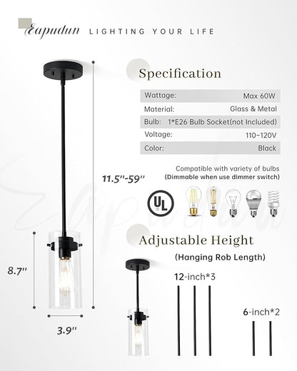 EAPUDUN Industrial Pendant Light Fixtures,Clear Glass Shade Pendant Lighting,Vintage Hanging Lighting Fixture for Kitchen Island,Dining Room,Corridor Bedroom E26 Base UL Listed, PDA1353-MBK