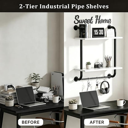 Tinpin Bathroom Shelves Wall Mounted, Rustic Farmhouse Pipe Shelves 2-Tier, Floating Shelf Wall Decor for Bathroom, Kitchen, Bedroom, Living Room Thanksgiving Day 17.3in White