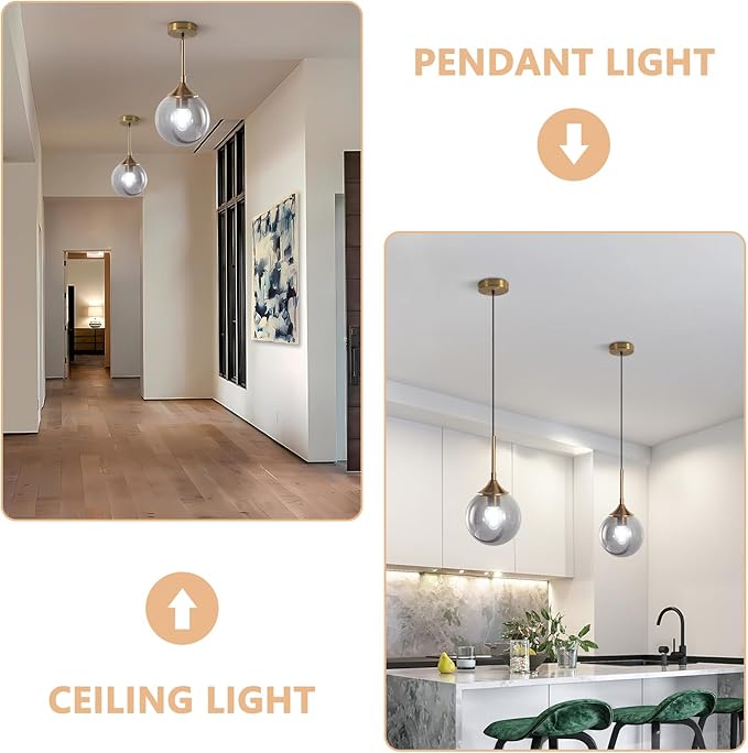 KCO Lighting Modern Gold Pendant Light 1-Light Large Globe Pendant Lights Set of Two Smoke Gray Glass Ball Pendant Light Fixture Dining Room Pendant Lamps Ceiling Hanging (2-Pack)