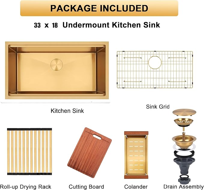 Gold Undermount Kitchen Sink 33 Inch,16 Gauge SUS304 Stainless Steel All In One Workstation Sinks With Full Set Accessories, 33" x 18" x 10" Large and Deep Handmade Single Bowl Kitchen Sinks