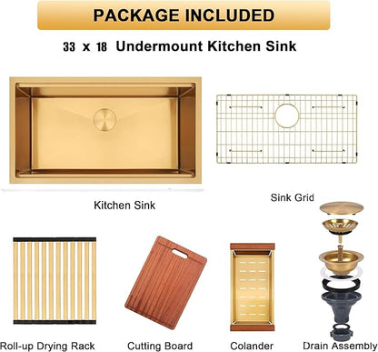 Gold Undermount Kitchen Sink 33 Inch,16 Gauge SUS304 Stainless Steel All In One Workstation Sinks With Full Set Accessories, 33" x 18" x 10" Large and Deep Handmade Single Bowl Kitchen Sinks