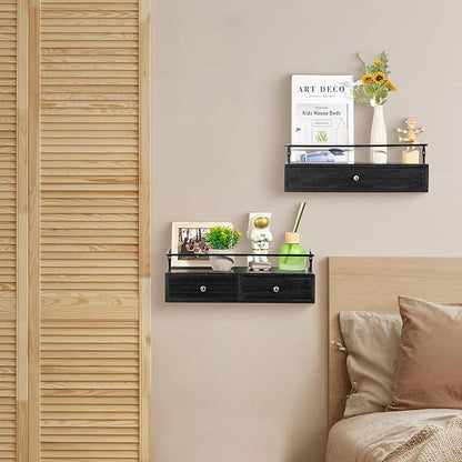 DreamPossible Floating Shelves - Wall Mounted Bathroom Shelf Set of 2 with Drawers, Rustic Wood Shelves for Bedroom, Living Room, Kitchen, Home Decor, Plants, Books (Black)