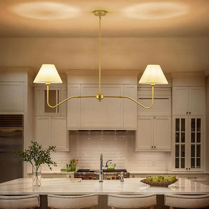 2-Light Gold Modern Linear Chandelier, 55 Inch Farmhouse Kitchen Island Lighting with White Fabric Shades, Dining Room Light Fixtures for Living Room Bedroom, Height Adjustable