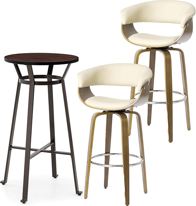 Glitzhome Bar Table and Chairs, Cream PU Leather Adjustable Swivel Bar Stools Set of 2, Square Black Cocktail Pub Table for Kitchen Island Bistro Office Living Room Dining Room Small Space Restaurant