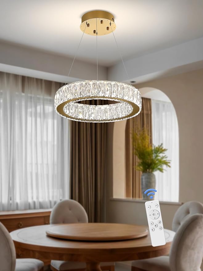 Modern LED Ring Pendant Light Dimmable Crystal Chandelier 15.7" Gold Crystal Chandelier for Dining Room Living Room