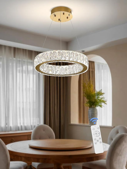 Modern LED Ring Pendant Light Dimmable Crystal Chandelier 15.7" Gold Crystal Chandelier for Dining Room Living Room