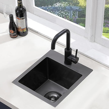 SHACO 15x15 Drop In Black Bar Sink, 15 Inch Stainless Steel Top Mount Gunmetal Black 16 Gauge Single Bowl Small Kitchen Outdoor RV Sink with Strainer Drain