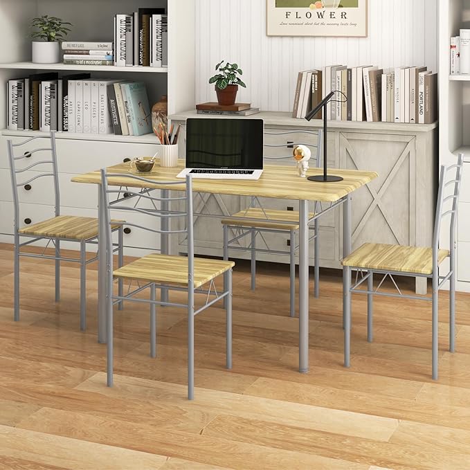 Giantex Modern 5 Piece Dining Table Set for 4 Chairs Wood Metal Kitchen Breakfast Furniture (Natural)