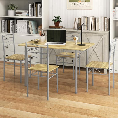 Giantex Modern 5 Piece Dining Table Set for 4 Chairs Wood Metal Kitchen Breakfast Furniture (Natural)