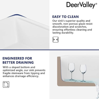 DeerValley 33 inch Workstation Kitchen Sink, White Fireclay Farmhouse Sink, Double Bowl Apron Front Deep Drop-in Undermount Sink with Workstation Accessories
