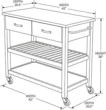 Casaphoria Amanda Collection Solid Wood Kitchen Island, 42" Butcher Block Cart with Stainless Steel Top & Locable Wheels, Prep Table for Small Spaces (Weathered Gray)