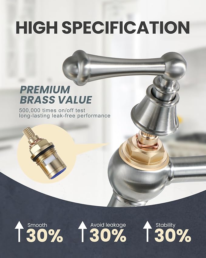 WOWOW Bridge Kitchen Faucet for Sink 2 or 3 Holes, Solid Brass Kitchen Sink Faucet 8-inch Centerset Deck Mount, Brushed Nickel Kitchen Faucet for Sink, RV, Laundry, Bar