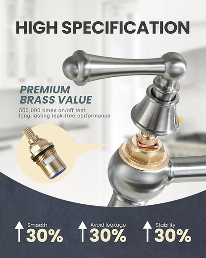 WOWOW Bridge Kitchen Faucet for Sink 2 or 3 Holes, Solid Brass Kitchen Sink Faucet 8-inch Centerset Deck Mount, Brushed Nickel Kitchen Faucet for Sink, RV, Laundry, Bar