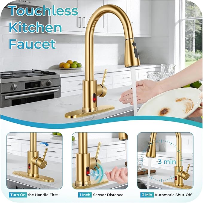 Touchless Kitchen Faucet with Pull Down Sprayer - Brushed Gold Single Handle Kitchen Faucets, High Arc Stainless Steel Pull Out Kitchen Sink Faucet with Deck for RV Laundry Farmhouse Bar