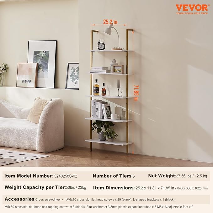 VEVOR Ladder Shelf, 5-Tier Bookshelf 24x11.8in, Open Wall-Mounted Ladder Shelf with Metal Frame,Storage Rack Sundries Holder for Kitchen Bedroom Bathroom Living Room, Gold White