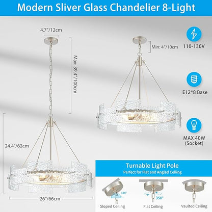 XINGQI 26" Large 8-Light Modern Silver Glass Chandelier Drum Light Fixture Round Water Ripple Pendant Lighting for Dining Room Living Room Kitchen Island Office