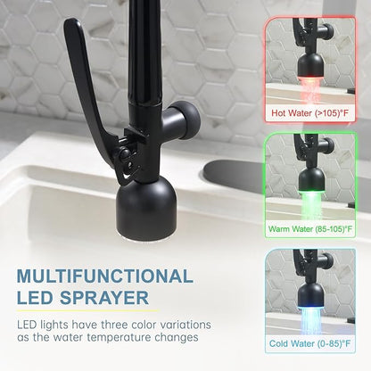 GIMILI Black and Gold Kitchen Faucet with LED Single Handle Kitchen Sink Faucet with Pull Down Sprayer Commercial Double-Headed Stainless Steel Kitchen Faucets Sink with Deck Plate