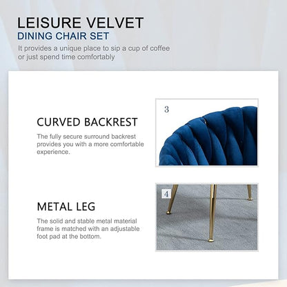 Nrizc Woven Dining Chairs Set of 6, Velvet Upholstered Dining Chairs with Gold Metal Legs, Modern Accent Chairs for Living Room, Dining Room, Kitchen (Blue)