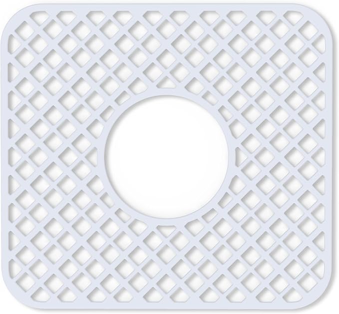 2 Pack Silicone Sink Protector for Kitchen Sink, Trellis Pattern 12 x 11" Sink Grid Mat Silicone Protectors, Center Drain, White
