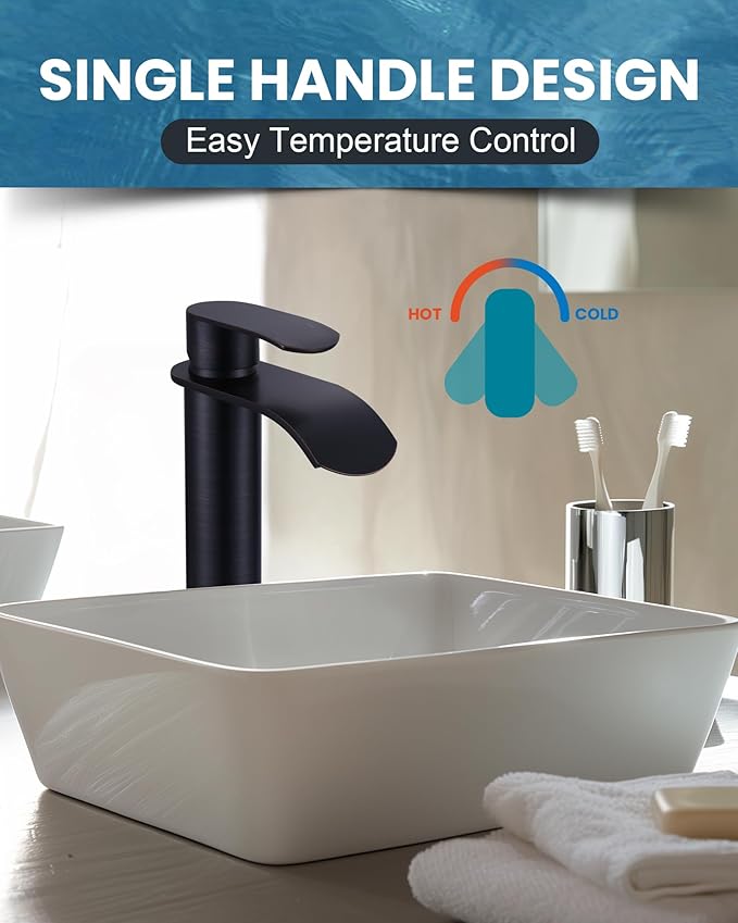 Vessel Sink Faucet Oil Rubbed Bronze：WOWOW Single Handle Tall Bathroom Faucet - Waterfall Single Hole Mixer Bar Tap with Large Rectangular Spout, Deck Mount Lavatory Vanity with Pop Up Drain