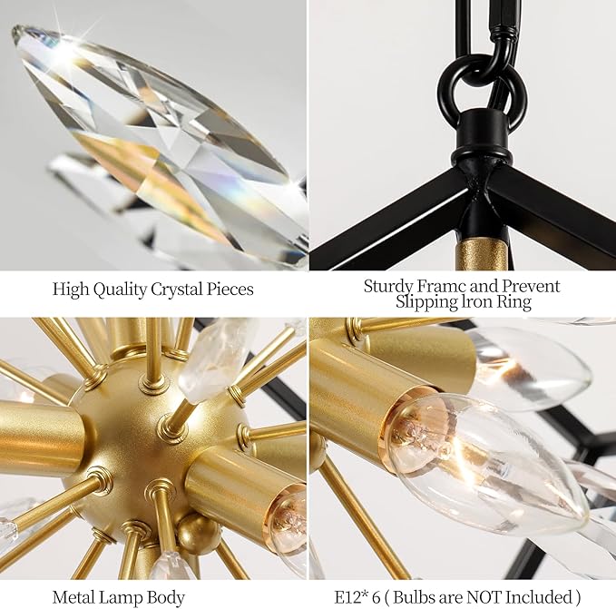 Farmhouse Chandelier,6-Lights Industrial Rustic Dining Room Pendant Light,Adjustable Hanging Candle Light Fixtures for Kitchen Island Living Room Foyer (Black/Gold/Crystal-6 Lights)