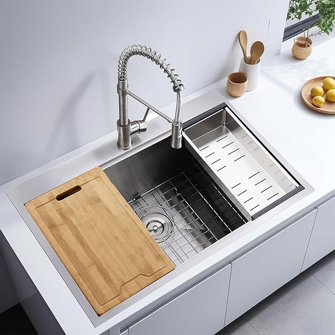 KINGO HOME Drop in Kitchen Sink,33"x 22" Inch Stainless Steel Kitchen Sinks,Brushed Nickel Single Bowl Basin Handmade Topmount workstation sink With Dish Grid,Dish Drainer,Cutting Board and Basket