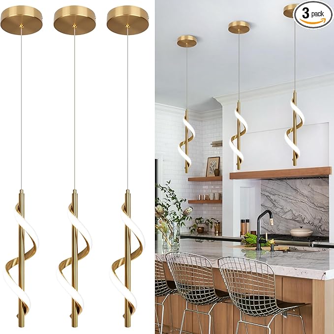 CANEOE 3 Packs Modern Spiral Led Pendant Light Fixture, Cold White 5500K Gold Kitchen Island Pendant Lamp, Adjustable Hanging Light Fixture for Bedroom Living Room Kitchen Sink (Gold)
