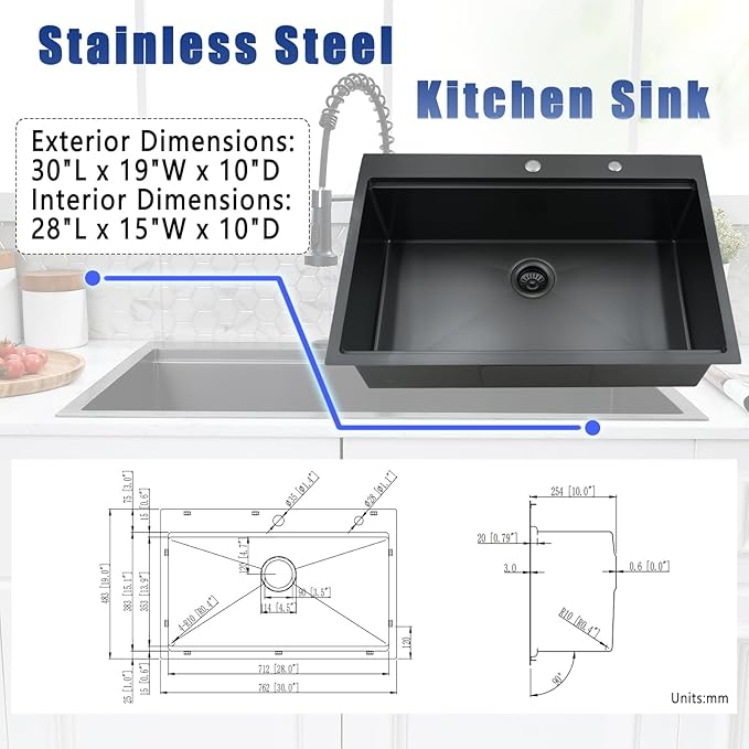 30x19 Black Drop In Kitchen Sink with Faucet Combo - 30 Inch Single Bowl Drop In Sinks 10 Inch Deep, Black Stainless Steel Topmount Workstation Kitchen Sink with Accessories