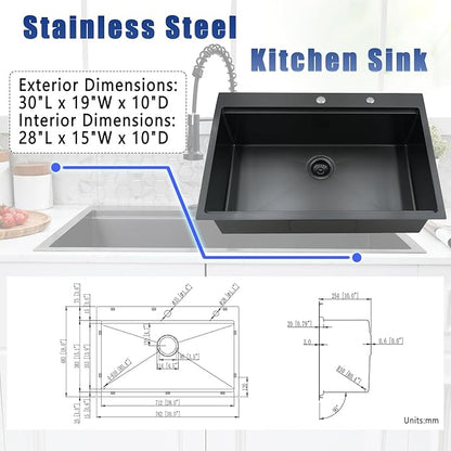 30x19 Black Drop In Kitchen Sink with Faucet Combo - 30 Inch Single Bowl Drop In Sinks 10 Inch Deep, Black Stainless Steel Topmount Workstation Kitchen Sink with Accessories