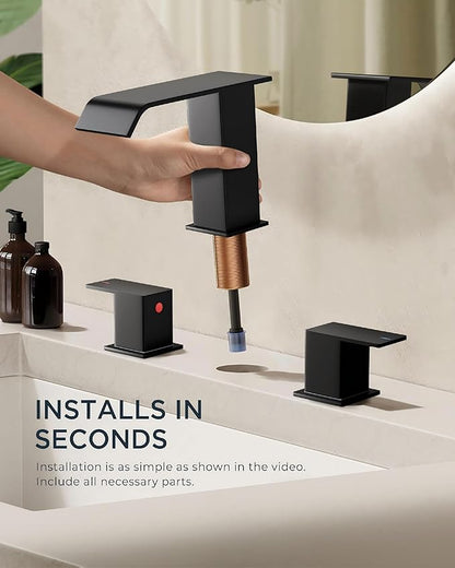 FORIOUS Bathroom Faucets 3 Hole, Matte Black 8 Inch Widespread Bathroom Sink Faucet Waterfall Spout, with Pop Up Drain and Water Supply, Suitable for Vanity Rv Commercial Lavatory Restroom