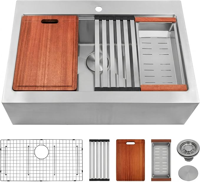 Rhbamoa 36 Inch Stainless Steel Farmhouse Sink,16-Gauge T304 Stainless Steel Single Bowl Apron Front Kitchen Sink,10 Inch Depth Topmount Farm Sinks with All Accessories