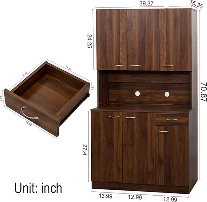 71" Kitchen Pantry Cabinets with Microwave Stand, 6 Doors & 3 Adjustable Shelves, Freestanding China Cabinet Hutch, Buffet Cabinet with Storage, WalnutV2