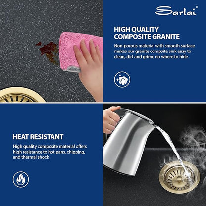 Sarlai 30 Granite Composite Black Kitchen Sink - 30"x22" Drop In Kitchen Sink Ledge Workstation Black Granite Quartz Composite Top-Mount Single Bowl Sinks Basin with Gold Accessories