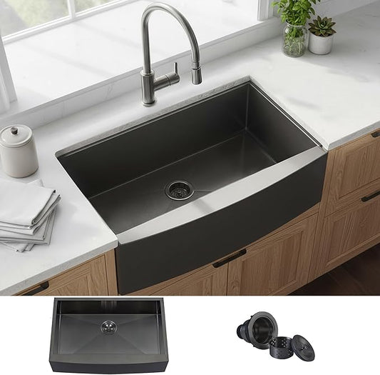 KINGO HOME Black Farmhouse Sink 33 Inch,16 Gauge Undermount Single Bowl 304 Stainless Steel Farmhouse Kitchen Sink, 9 Inch Deep Apron Front Gunmetal Black Farm Sink with drain