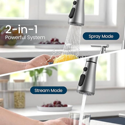 Hurran 8-Inch 2 Handle Pull Down Kitchen Faucet with Soap Dispenser, High Arc 2-in-1 Spray/Stream Stainless Steel Kitchen Sink Faucet for 3-4 Hole Widespread Installation, Brushed Nickel