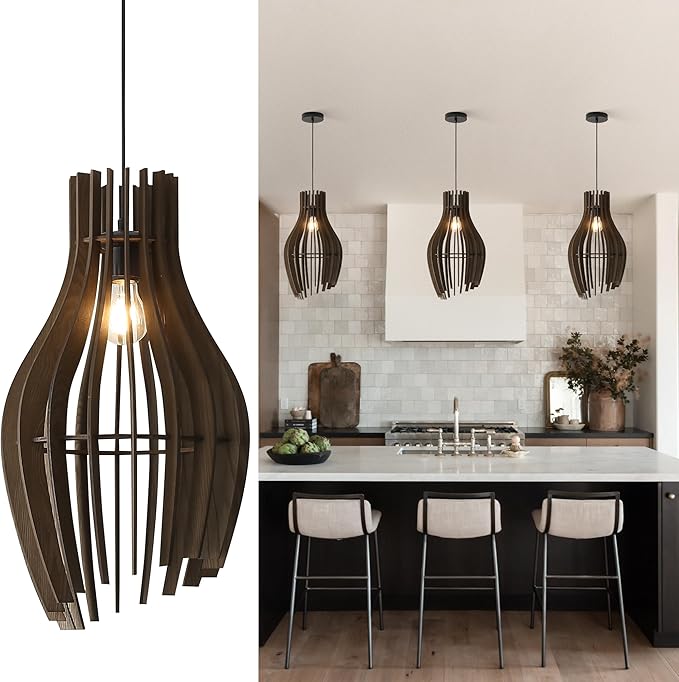 Wood Pendant Light Fixture, Hand-Woven Chandeliers Ceiling Lighting, Farmhouse Basket Cylinder Lampshade Hanging Lamp for Dining Room, Kitchen Island, Entryway (Retro)