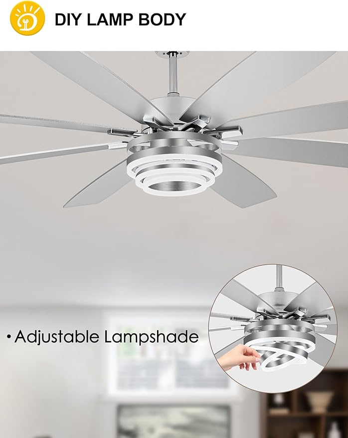 72 Inch Modern Large Ceiling Fans with Lights and Remote Reversible Quiet DC Motor 6 Speed Silver LED Chandelier Ceiling Fans for Living Room Bedroom Kitchen