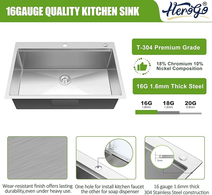 Herogo 33x22Inch Single Bowl Drop In Kitchen Sink, 18/10 16 Gauge Stainless Steel Topmount Handmade 10'' Deep Workstaion Sink with Accessories
