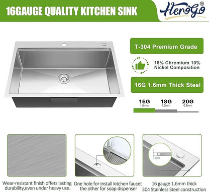 Herogo 33x22Inch Single Bowl Drop In Kitchen Sink, 18/10 16 Gauge Stainless Steel Topmount Handmade 10'' Deep Workstaion Sink with Accessories
