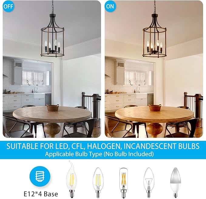 XINGQI Farmhouse Chandeliers for Dining Room,4 Light Hanging Lantern Black Wood Finish Pendant Lighting Fixture for Staircase Foyer Kitchen Island Dinning Room Living Room