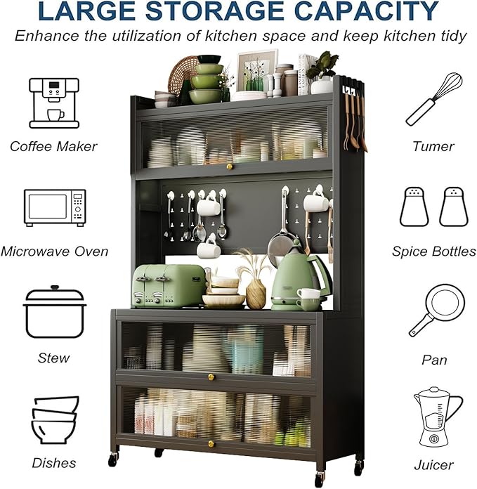 Runboll Kitchen Pantry Cabinet Storage with Microwave Shelf 5 Tier Metal Sideboard Baker's Rack Coffee Bar Hutch Buffet Laundry Storage, with Wheels & Hooks