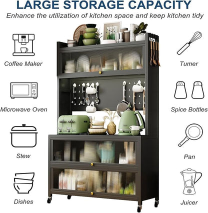 Runboll Kitchen Pantry Cabinet Storage with Microwave Shelf 5 Tier Metal Sideboard Baker's Rack Coffee Bar Hutch Buffet Laundry Storage, with Wheels & Hooks