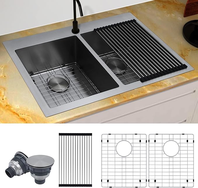 33 X 22 inch Drop in Kitchen Sinks Double Bowl,16 Gauge Stainless Steel 50/50 Double Sink,Top Mount/Drop In Double Kitchen Sink 33 inch