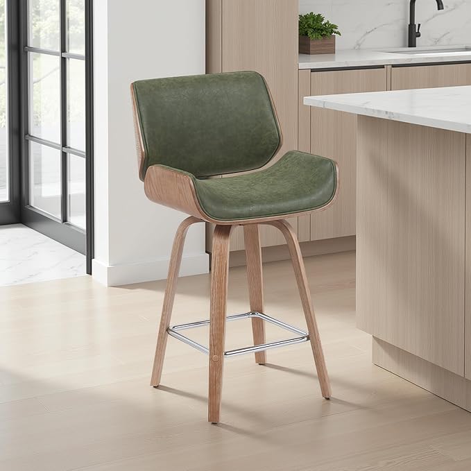 Armen Living Tyler Modern Counter Height Swivel Bar Stool with White Wash Finished Wood and Vintage Green Upholstery