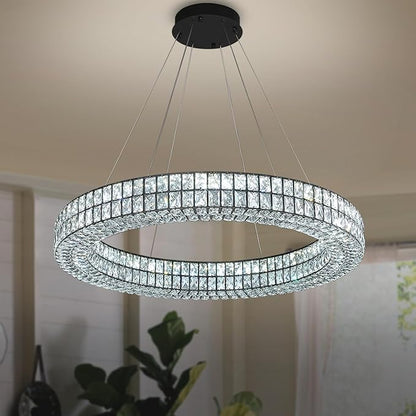 Large Ring Chandelier 47.5 inch Black Modern Crystal Chandelier Lighting High Ceiling Foyer Chandeliers for Living Room Dining Room Staircase Led Dimmable 2700k-6000k