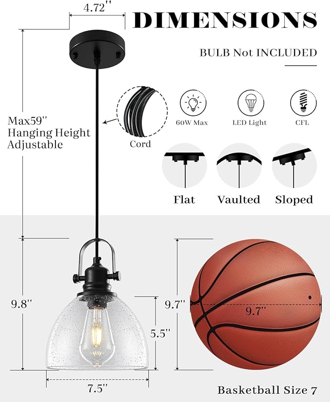 7.5" Seeded Glass Pendant Light 1 Pack, Vintage Hanging Kitchen Lights, Black Glass Pendant Lighting for Kitchen Island, Dining Room, Bar, Cafe