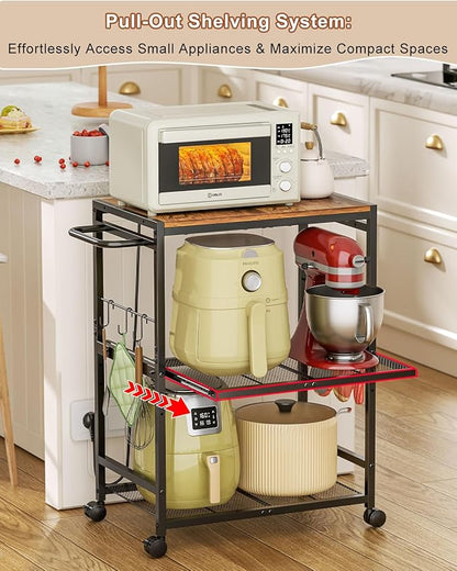 Feyejade Microwave Cart with Adjustable Shelves 3-Tier, Rolling Kitchen Cart with Push Handle, Microwave Stand with Storage, Small Utility Cart with Drawer Slider Shelf for Kitchen, Living Room