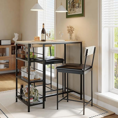3-Piece Modern Dining Set, Dining Table Set with 2 Upholstered Bar Stools,Bar Table Set w/ Metal Frame&Built-in Wine Rack for Kitchen Dining Room Apartment Breakfast Nook 36"Lx 16.7"W x 37.2"H Gray